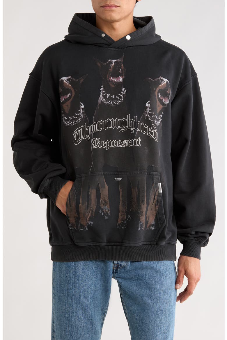 Thoroughbred Oversize Cotton Graphic Hoodie, Main, color, VINTAGE BLACK