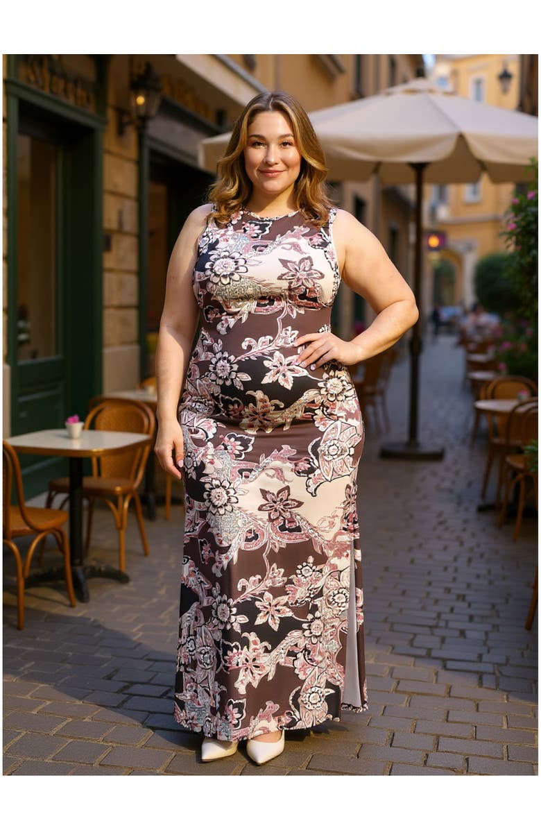 24seven Comfort Apparel Curvy Essential Sleeveless Round Neck Side Slit Bodycon A-Line Maxi Dress, Alternate, color, Brown Multi