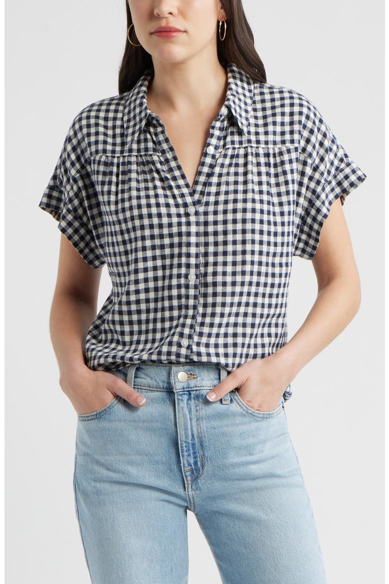 Short Sleeve Linen Blend Button-Up Shirt, Main, color, NAVY STILL- IVORY BEA GINGHAM