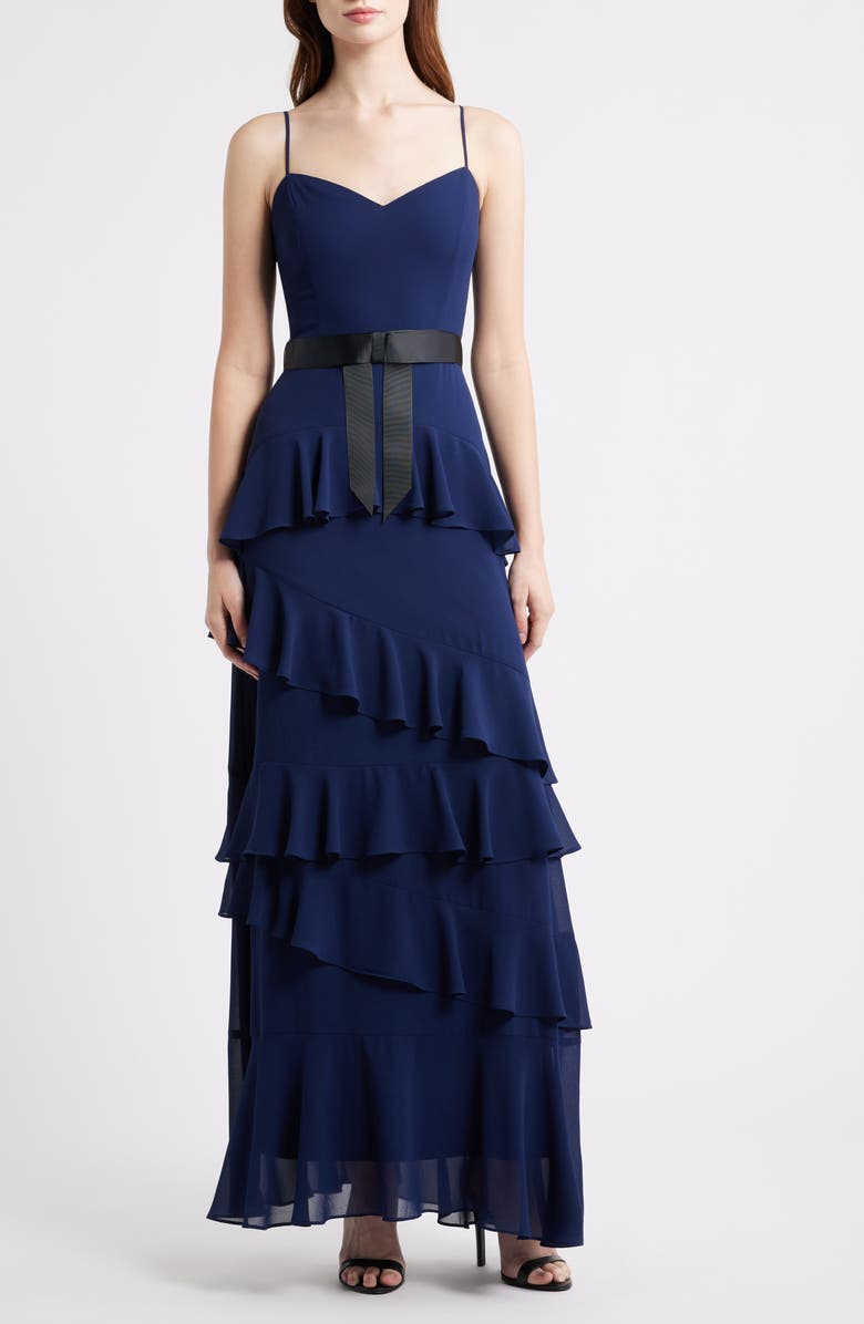 Lulus Beth Tiered Ruffle Gown, Main, color, Navy