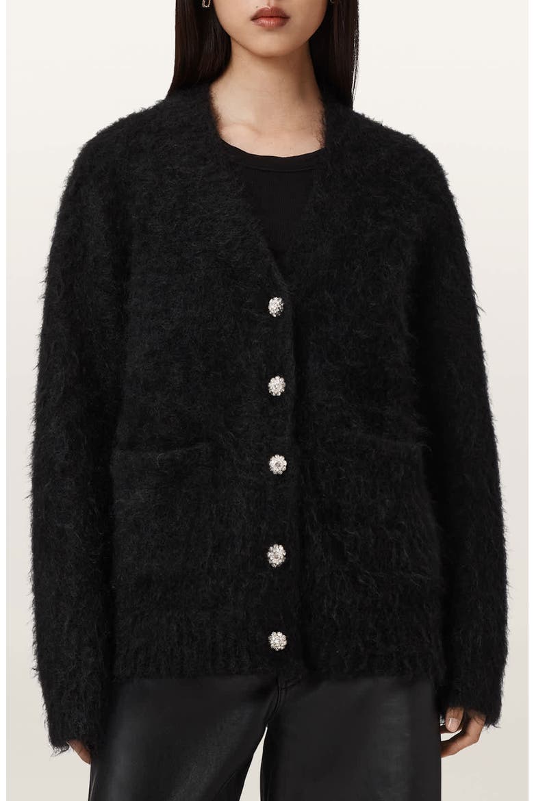 Rubi Jewel Button Cardigan, Main, color, BLACK