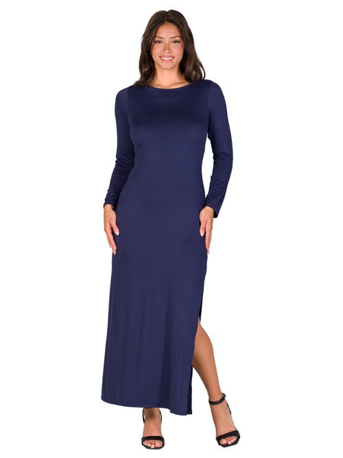 24seven Comfort Apparel Long Sleeve Side Slit Fitted Black Maxi Dress In Blue