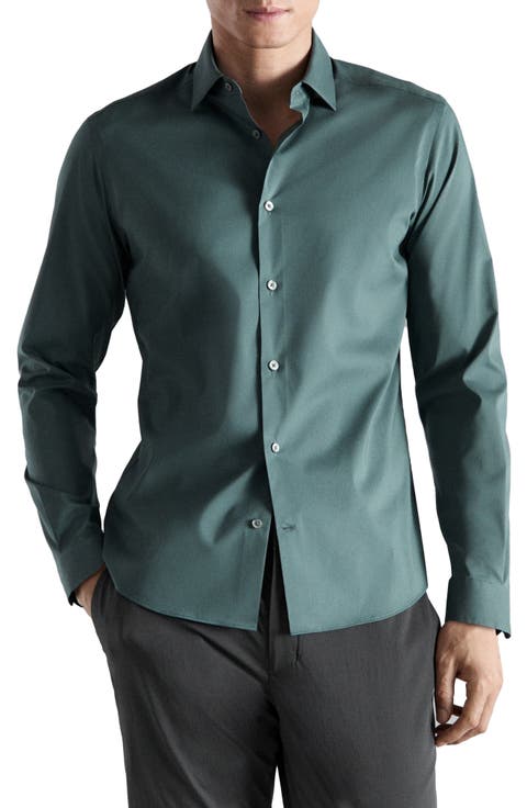 Regular Fit Stretch Cotton Blend Button-Up Shirt