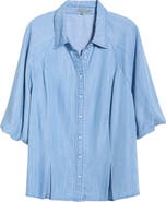 Wit & Wisdom Bubble Sleeve Flare Button-Up Chambray Top