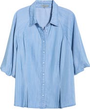 Wit & Wisdom Bubble Sleeve Flare Button-Up Chambray Top