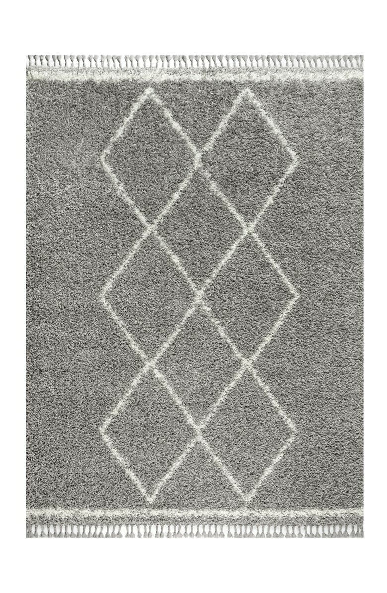 JONATHAN Y Mercer Shag Plush Tassel Moroccan  Geometric Trellis Denim Area Rug, Main, color, Gray/Cream
