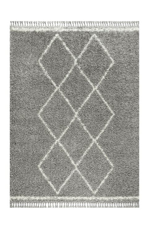 Mercer Shag Plush Tassel Moroccan  Geometric Trellis Denim Area Rug