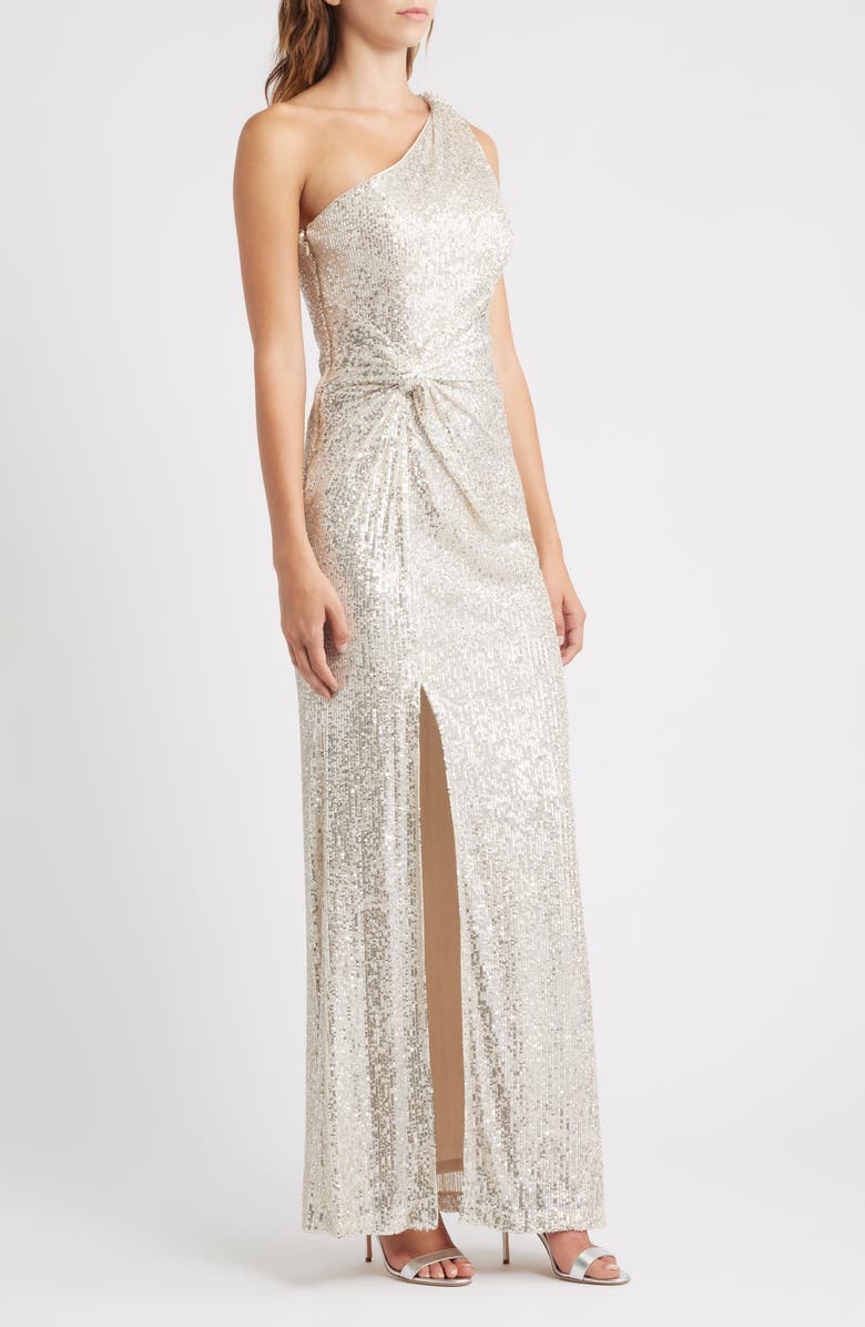Eliza J Sequin One-Shoulder Sheath Gown, Alternate, color, Silver