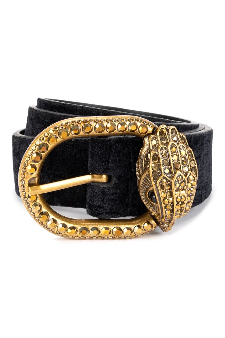 Croc Embossed Velvet Belt, Main, color, BLACK/ANTIQUE BRASS