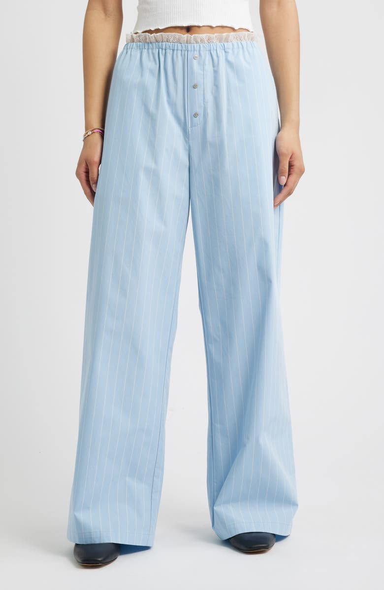 BP. Lace Waist Pinstripe Cotton Boxer Pants, Main, color, Blue White Pinstripe