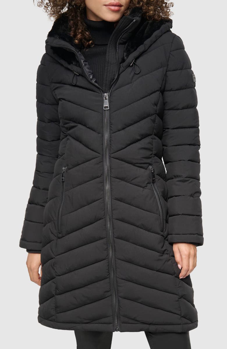 DKNY Stretch Packable Longline Quilted Jacket, Main, color, Black
