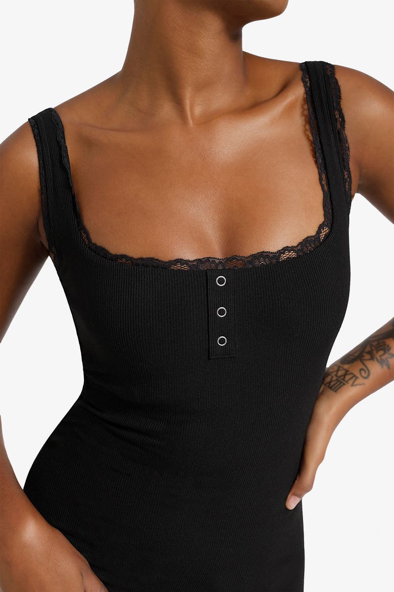 Shapewear Modal Slimming Lace Trim Henley Tank Maxi Spring Resort Dress, Alternate, color, Midnight Black