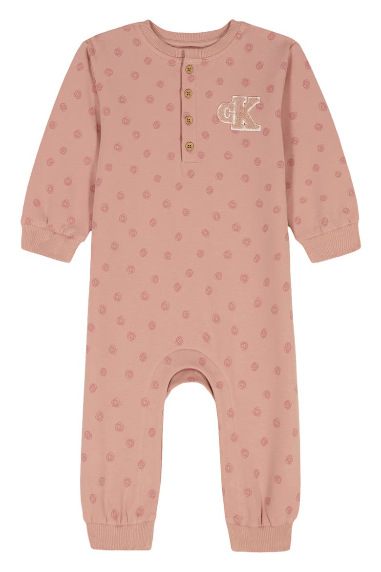 Chenille Logo Appliqué Long Sleeve Romper, Main, color, PINK