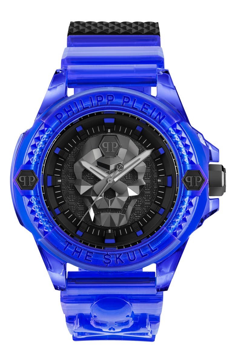 PHILIPP PLEIN The Skull Plastic Strap Watch, 44mm, Main, color, Transparent Blue