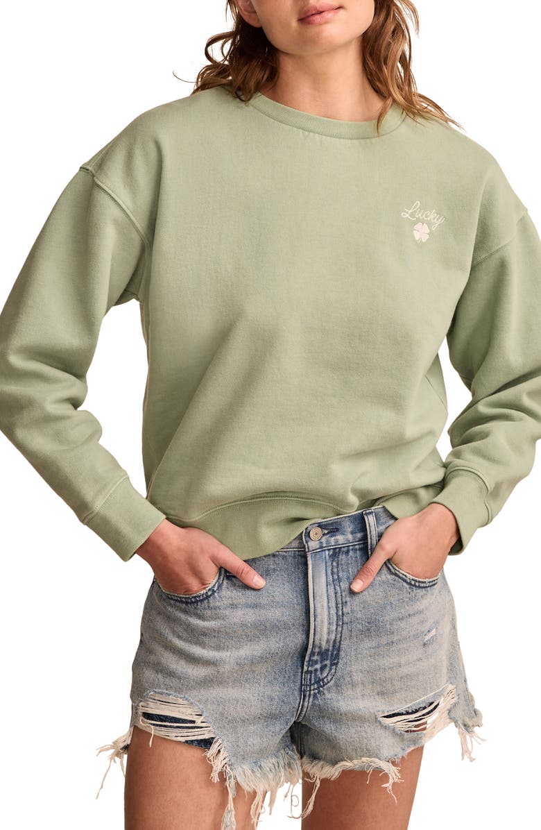 Lucky Brand Shamrock Embroidered Cotton Fleece Sweatshirt, Main, color, Granite Green