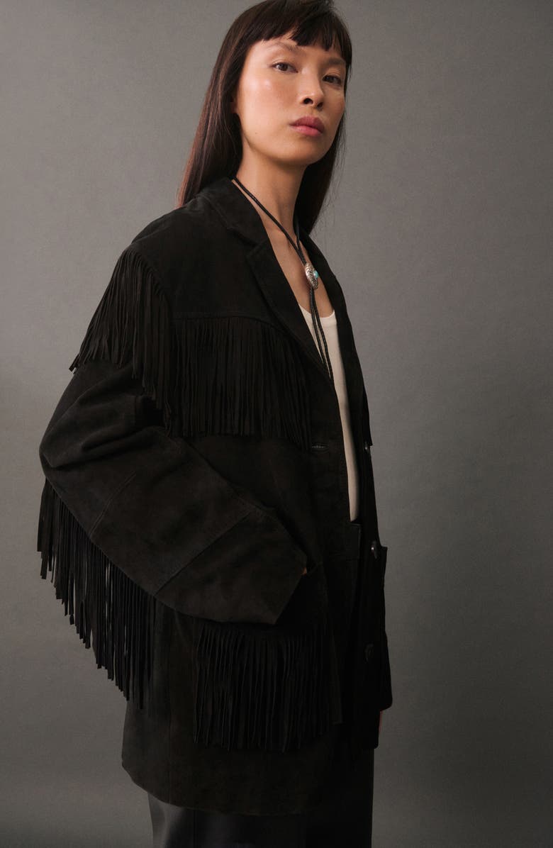 MANGO Fringed Leather Jacket, Alternate, color, 