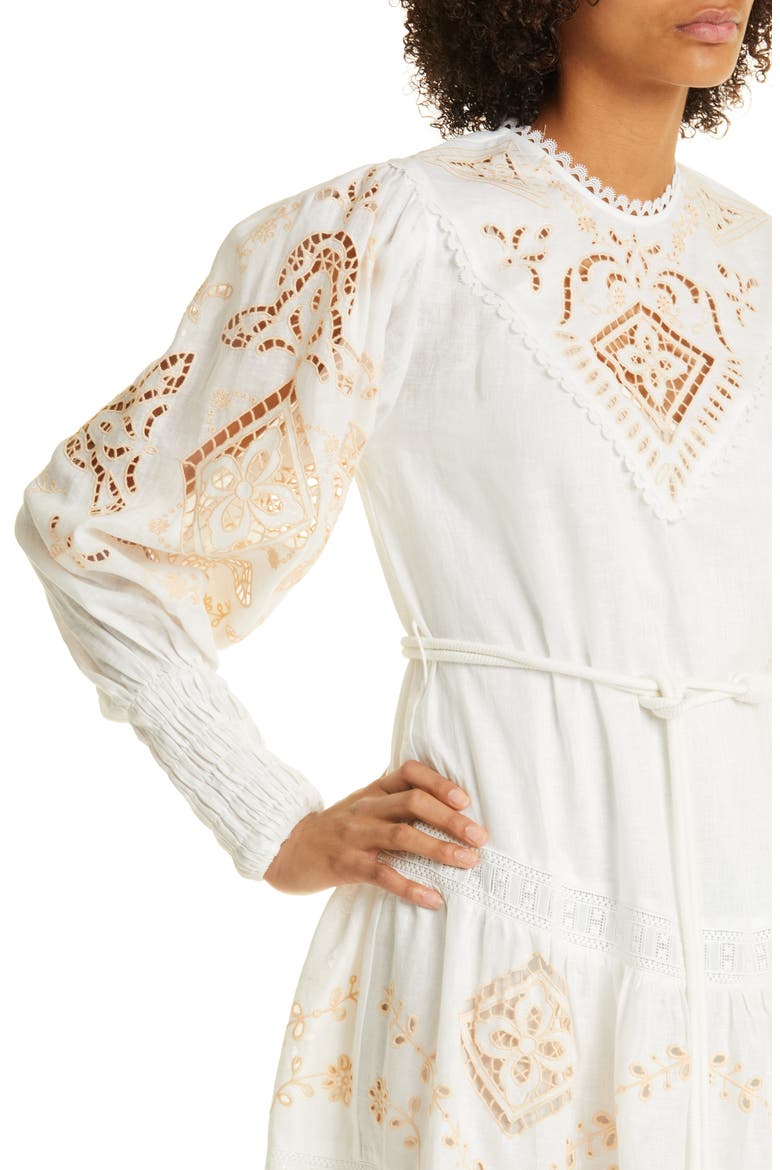 Cecilia Embroidered Tiered Linen Dress, Alternate, color, IVORY