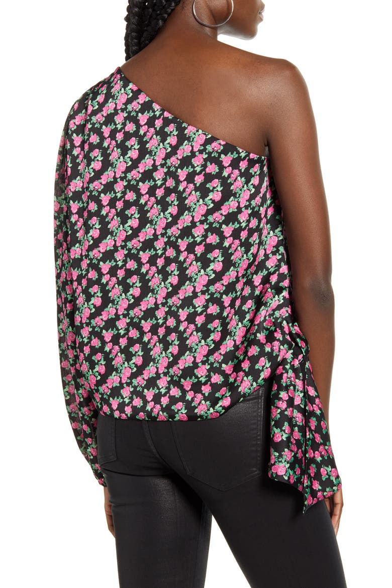 Wren Rose Print One-Shoulder Satin Blouse, Alternate, color, BLACK MINI ROSES
