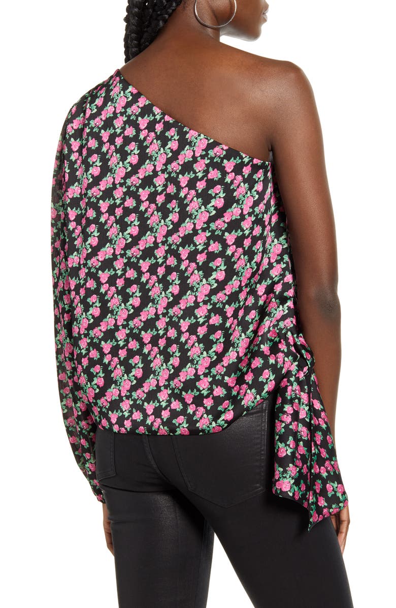 WAYF Wren Rose Print One-Shoulder Satin Blouse, Alternate, color, 