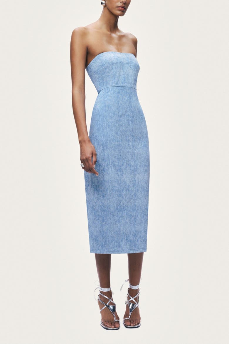 Stone-Detail Strapless Midi Dress, Alternate, color, Blue