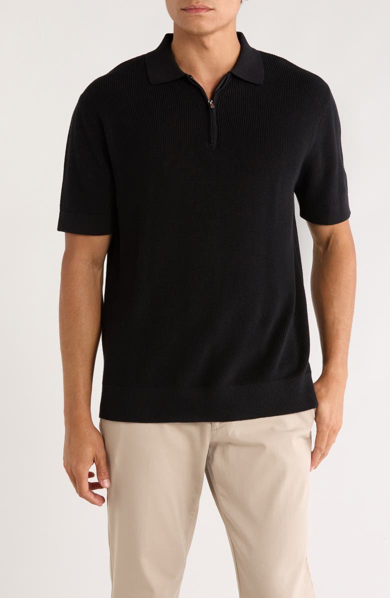 DENIM AND FLOWER Textured Quarter Zip Cotton Knit Polo, Main, color, Black