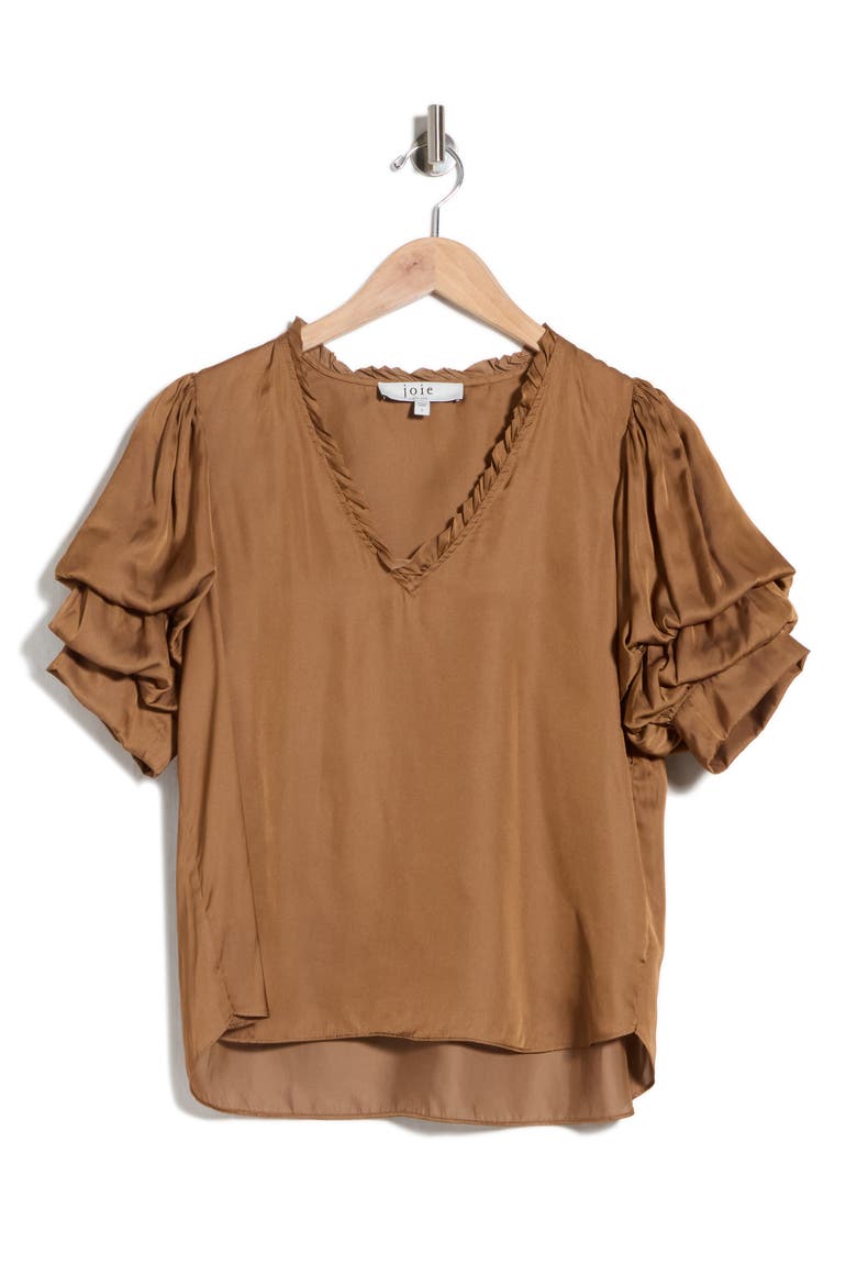Ruffle V-Neck Blouse, Alternate, color, PEANUT