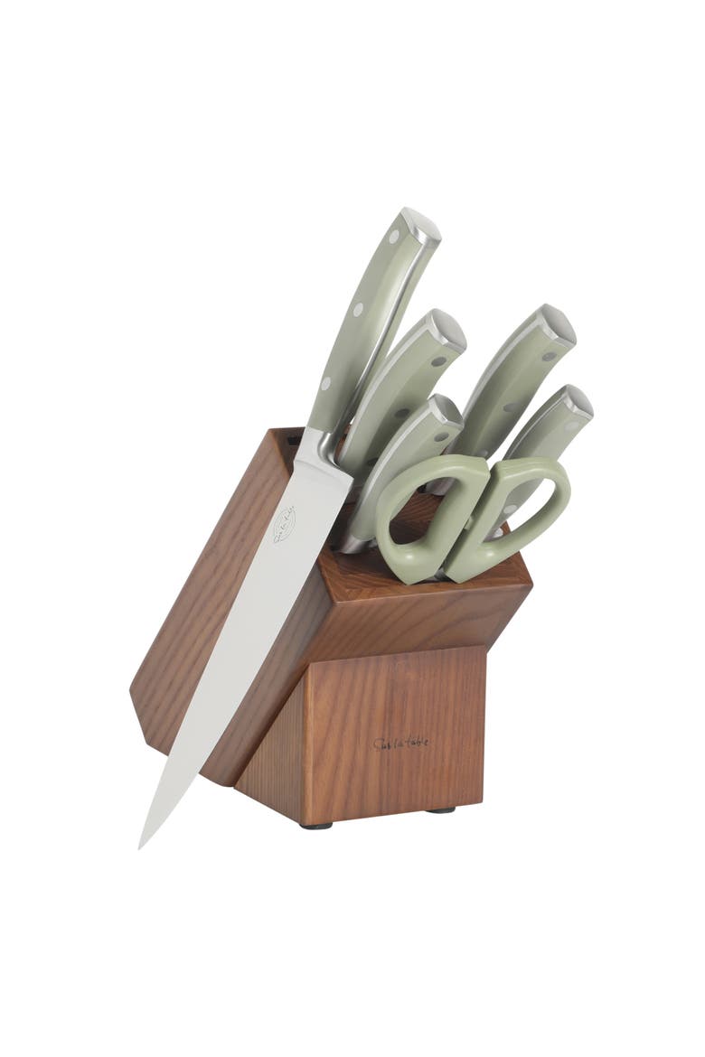 High-Carbon German Steel Full Tang Forged Knife Block Set with Ashwood Block, Main, color, Juniper Green