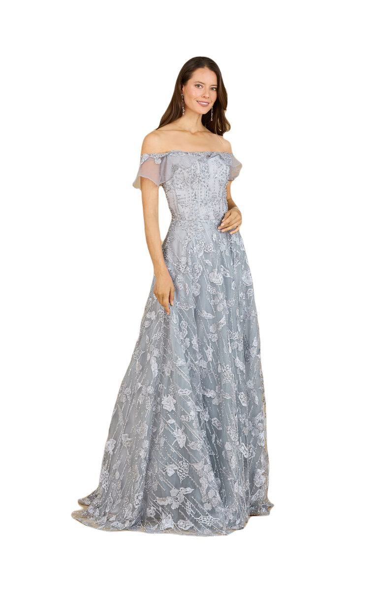 LARA New York Flutter Off Shoulder Lace Gown, Main, color, Slate