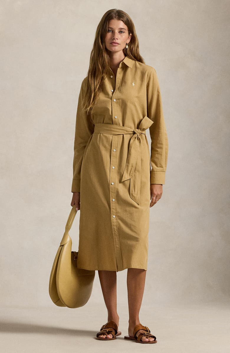 Polo Ralph Lauren Long Sleeve Linen Shirtdress, Alternate, color, Classic Camel