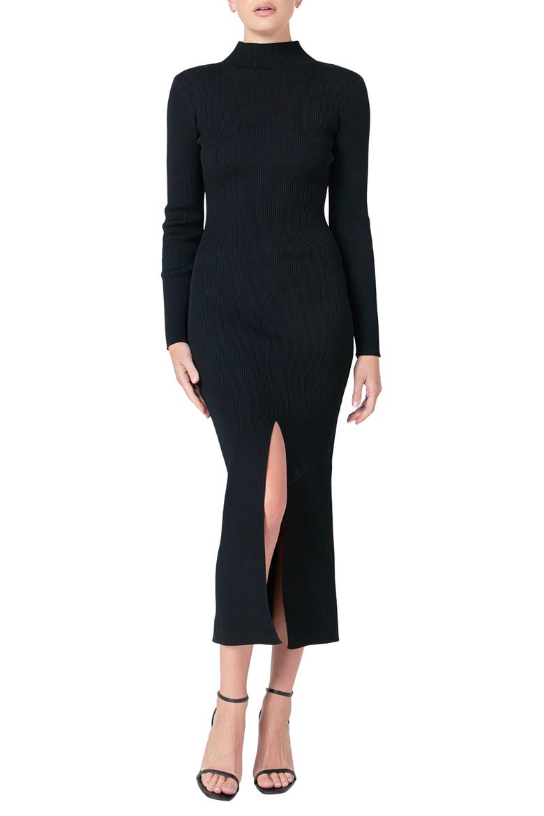 Mock Neck Long Sleeve Rib Midi Dress, Main, color, BLACK