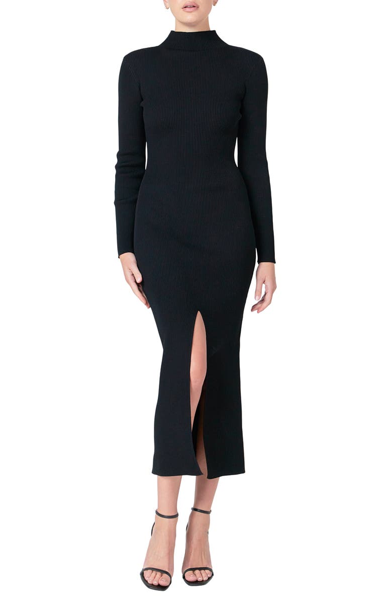 Endless Rose Mock Neck Long Sleeve Rib Midi Dress, Main, color, Black