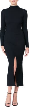 Endless Rose Mock Neck Long Sleeve Rib Midi Dress