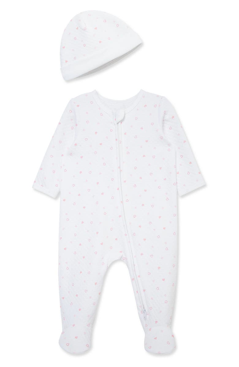 Little Me Joyful Quilt Footie & Hat Set, Main, color, White/ Pink