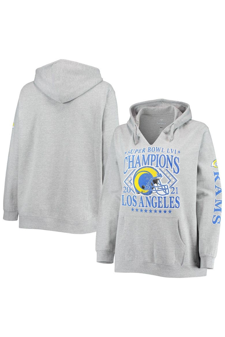 Women's Fanatics Branded Heathered Gray Los Angeles Rams Super Bowl LVI Champions Retro V-Neck Plus Size Pullover Hoodie, Main, color, Heather Gray