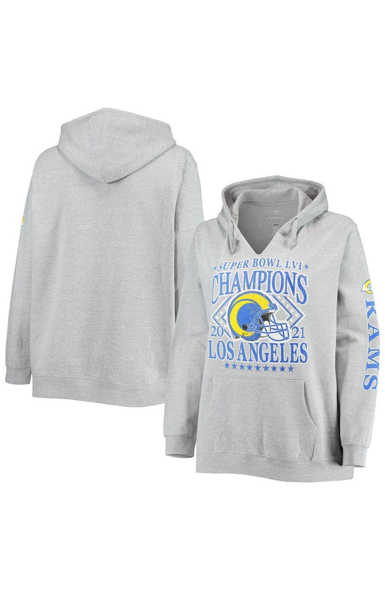 FANATICS Women's Fanatics Branded Heathered Gray Los Angeles Rams Super Bowl LVI Champions Retro V-Neck Plus Size Pullover Hoodie, Main, color, 