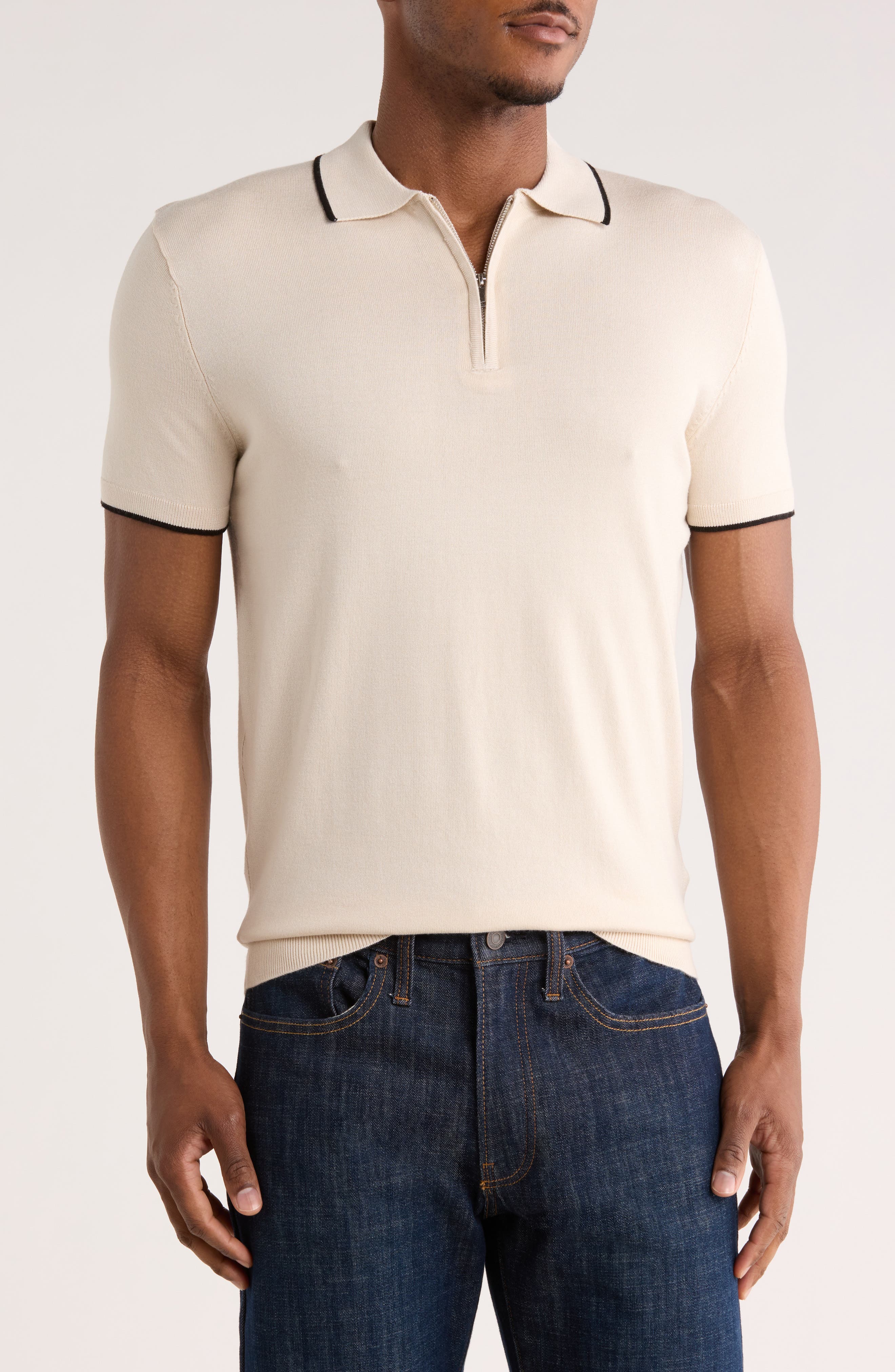 DENIM AND FLOWER Tipped Quarter Zip Polo Sweater