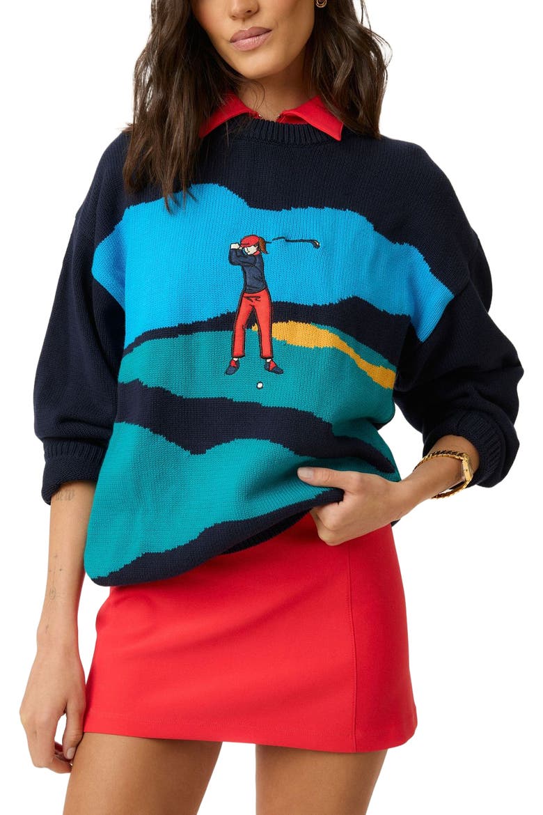 Golf Scene Sweater, Alternate, color, Blue