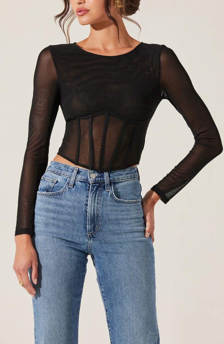 ASTR the Label Long Sleeve Mesh Corset Top, Alternate, color, Black