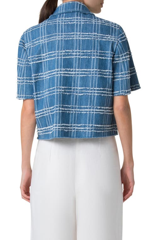 Akris Punto Fringed Check Denim Short-sleeve Shirt Jacket In Medium Blue Denim