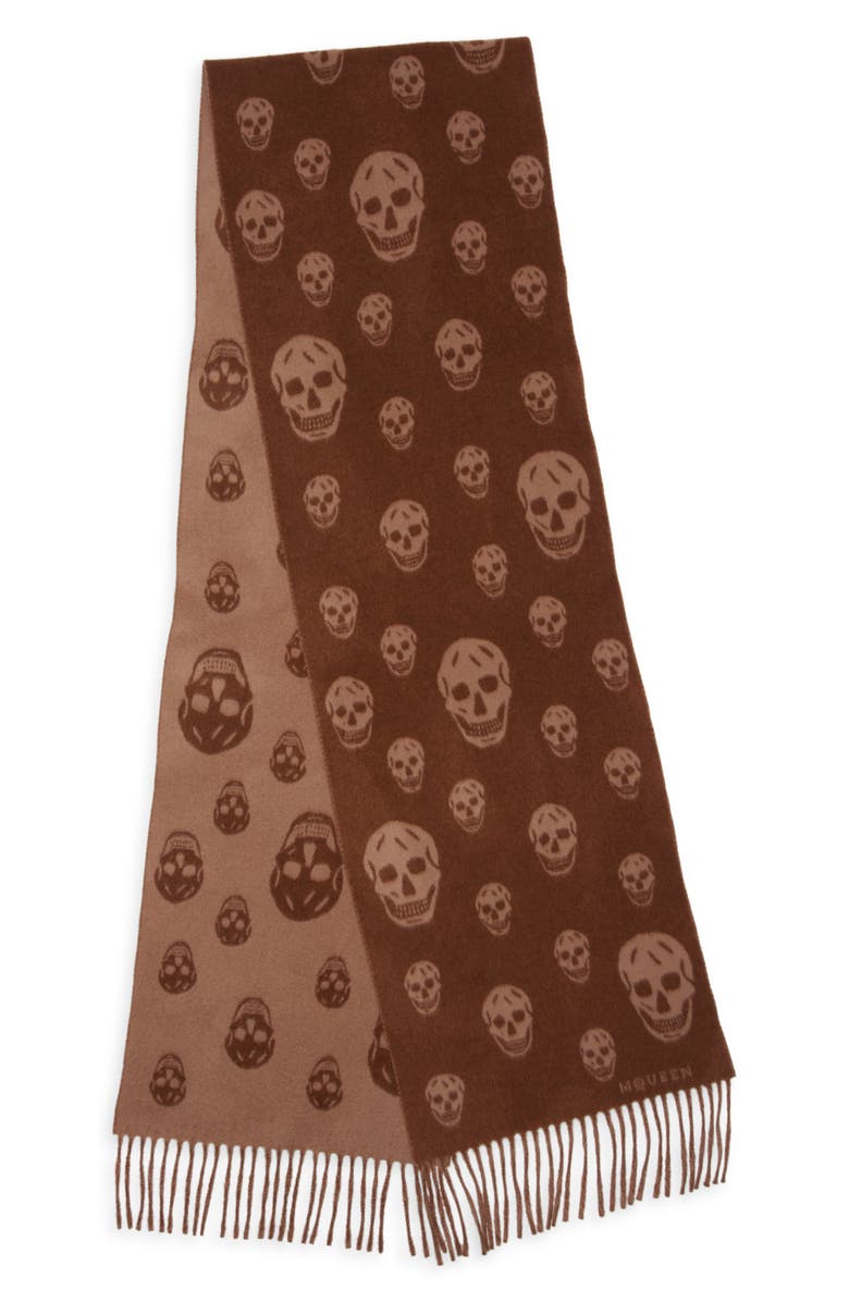 McQueen Skull Jacquard Double Face Wool & Cashmere Fringe Scarf, Main, color, Light Brown/ Camel