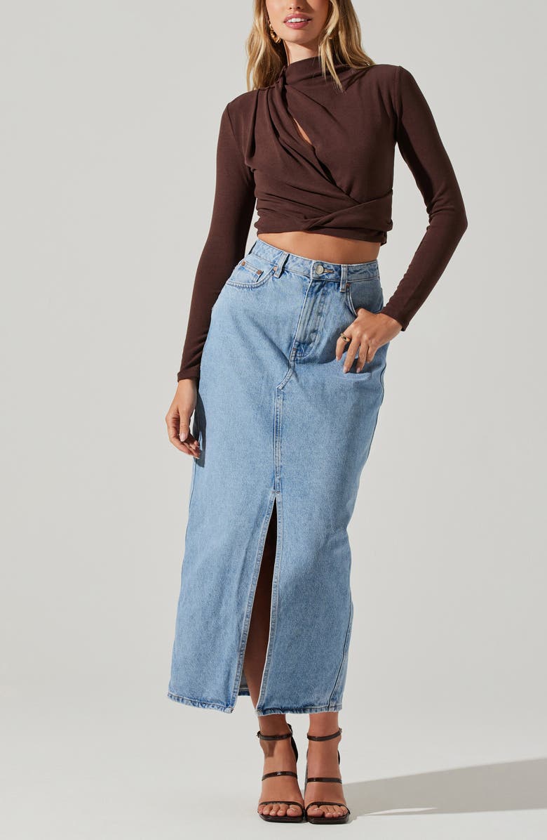 ASTR the Label Asymmetric Pleated Cutout Mock Neck Long Sleeve Top, Alternate, color, Espresso