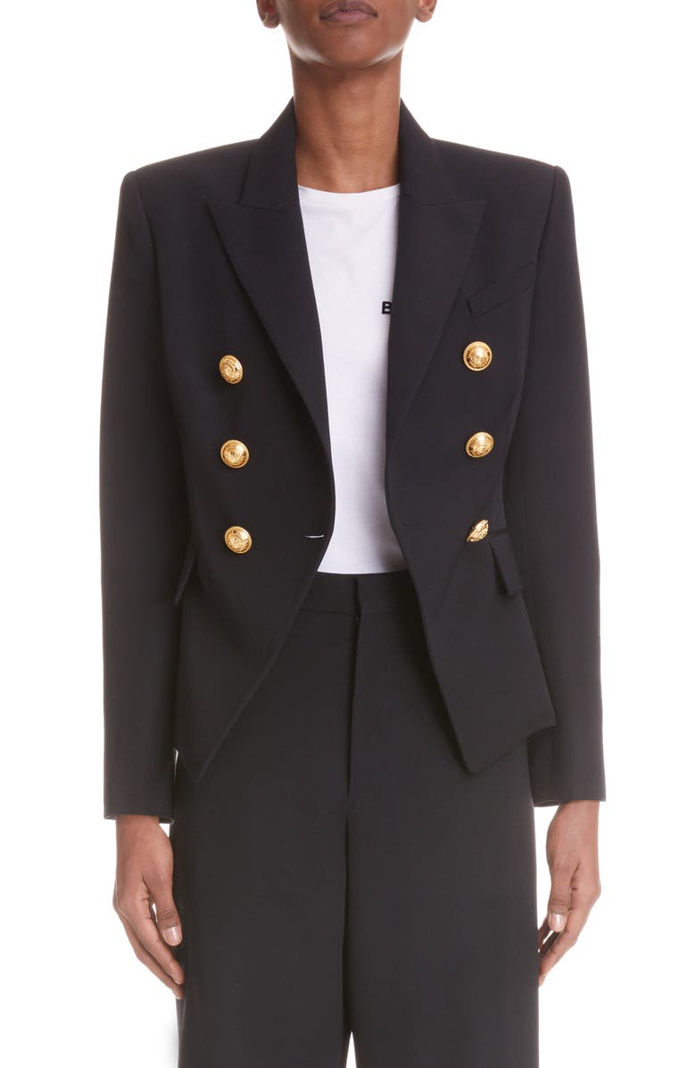 Balmain Double Breasted Wool Blazer, Main, color, 