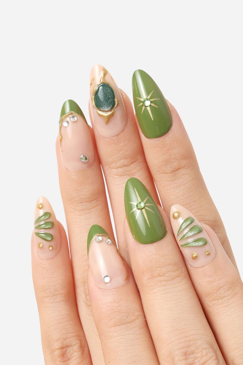 Green Butterfly Almond Press On Nails, Alternate, color, Green