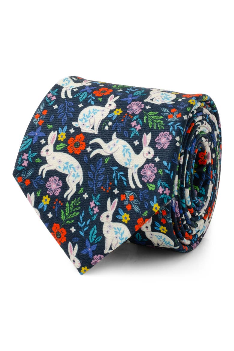Rabbit Floral Cotton Tie, Alternate, color, BLACK