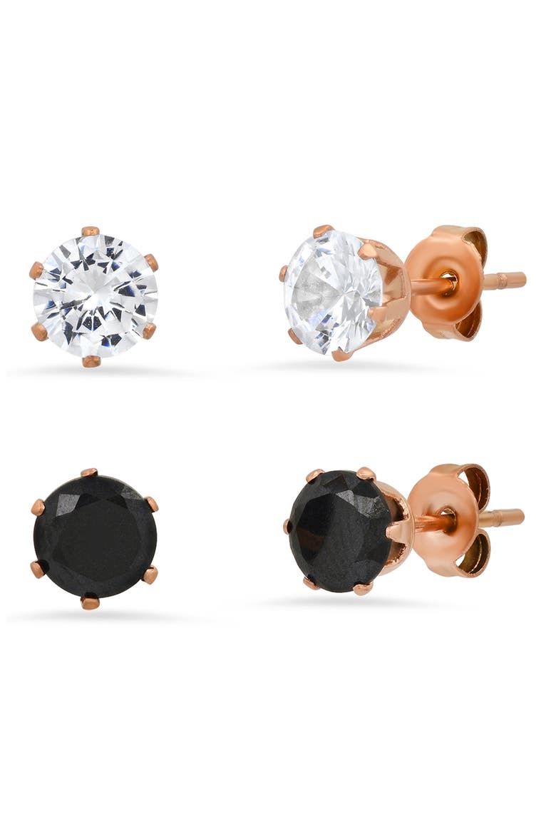 18K Rose Gold Plated Stainless Steel White & Black Simulated Diamond Stud Earrings Set, Main, color, ROSE