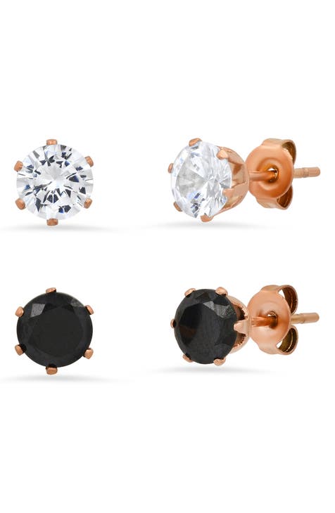 18K Rose Gold Plated Stainless Steel White & Black Simulated Diamond Stud Earrings Set