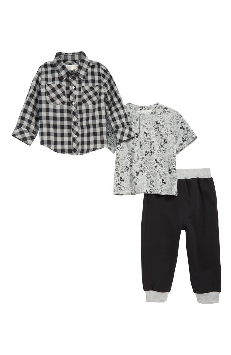 Little Brother by Pippa & Julie x Disney Plaid Shirt, Mickey Mouse Henley & Sweatpants Set, Main, color, 