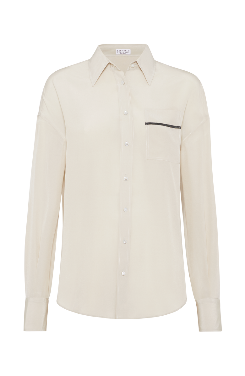 Brunello Cucinelli Silk crêpe de Chine shirt with shiny pocket detail, Main, color, 