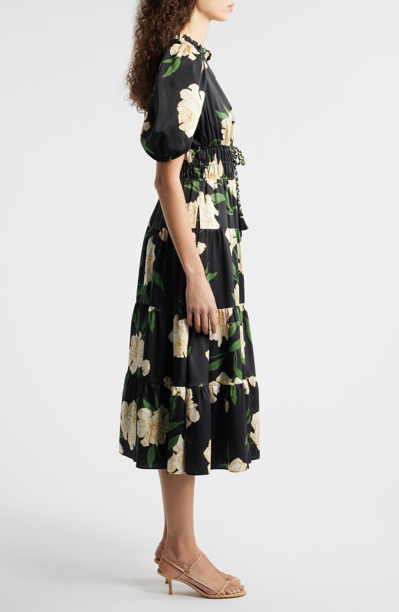 Vince Camuto Floral Puff Sleeve Midi Dress, Alternate, color, Black Multi