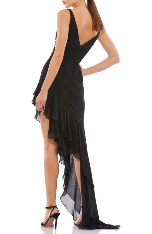 Mac Duggal Asymmetrical Ruffled V-neck Chiffon Dress In Black